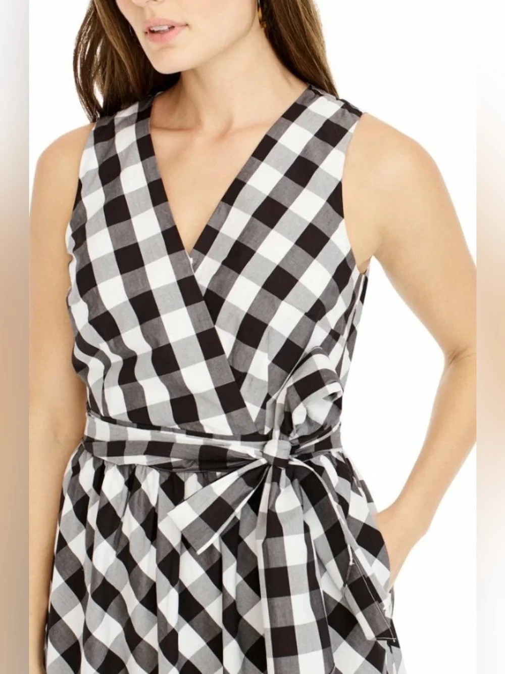 J.Crew Sleeveless Faux Wrap Dress in Gingham Cotton Poplin